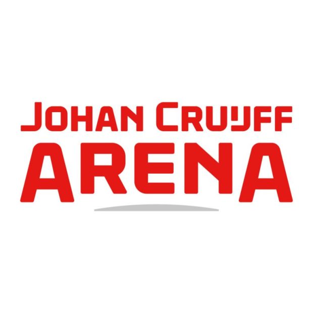 Logo reading Johan Cruyff Arena in bold red letters with a gray curved line beneath.