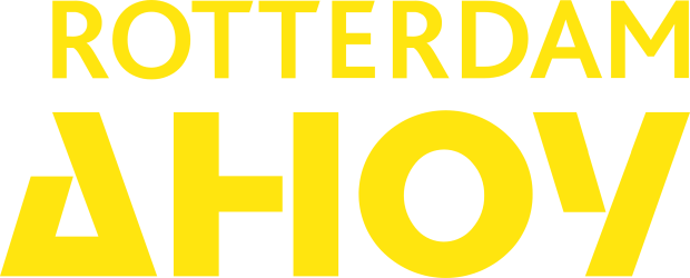 Brand logo with bold yellow text: 'ROTTERDAM' on top and oversized 'HELLO' below on a black background.